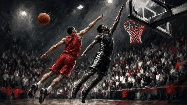 Illustration of a defender leaping to block a layup at the rim in a packed arena, with the shot clock area glowing in the background