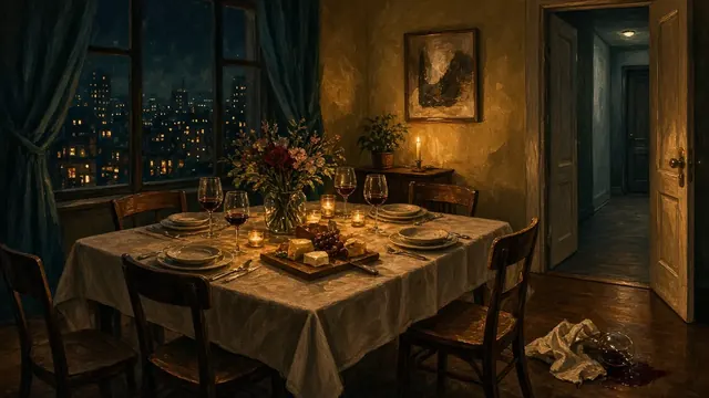 Illustration of a candlelit dinner table for four in a stylish apartment, half-empty wine glasses and a tense mood