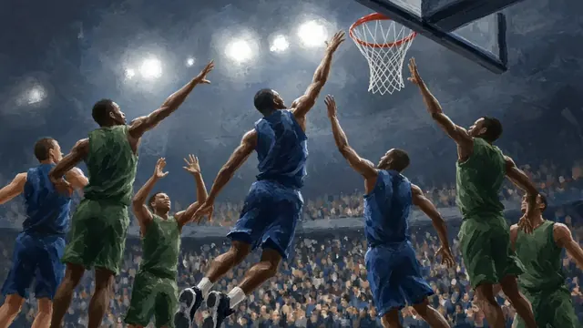 Illustration of a basketball rebound battle under the rim, with outstretched arms silhouetted against bright arena lights