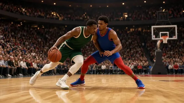 Illustration of a crowded basketball arena with a player driving to the hoop under bright lights