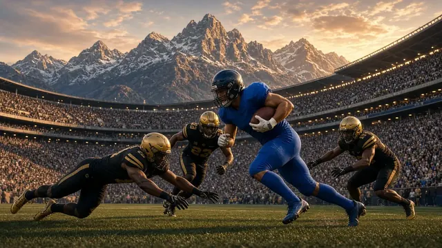 Illustration of fans rushing onto a college football field under stadium lights at dusk