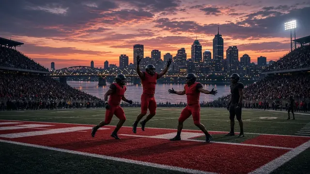 Illustration of a college football stadium on a sunny fall afternoon with fans rushing onto the field