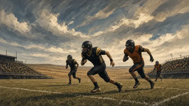 Illustration of a college football stadium at night with a quarterback silhouette throwing a deep pass under bright lights