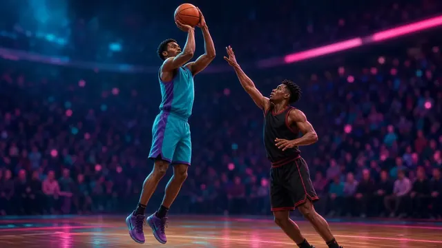 Illustration of a basketball game in a bright arena with teal and red lighting and a sellout crowd