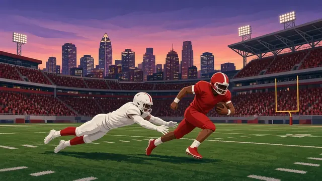 Illustration of a college football stadium at night with a crowd dressed in black under bright lights and mountains beyond