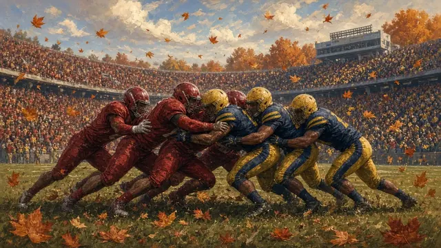 Illustration of a huge college football stadium bowl on a gray autumn afternoon with a goal-line standoff