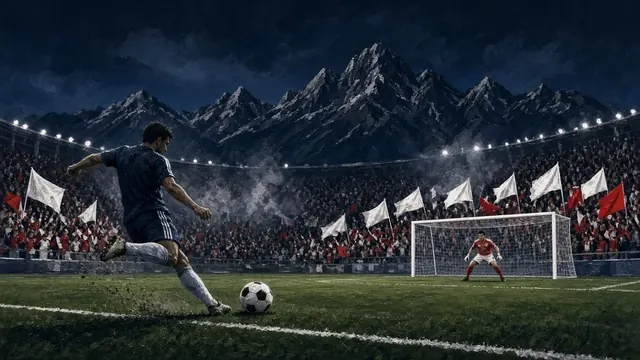 Illustration of a soccer ball resting in the net of a goal inside a stadium with mountains in the background at night