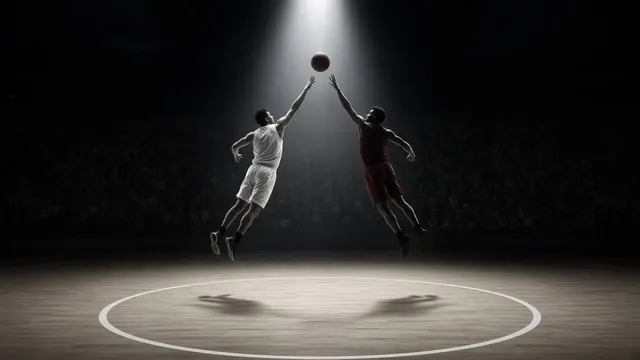 Illustration of a basketball arena from courtside with a ball resting near the free-throw line under bright lights