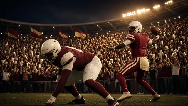 Illustration of a college football game in a Southern stadium on a sunny autumn afternoon