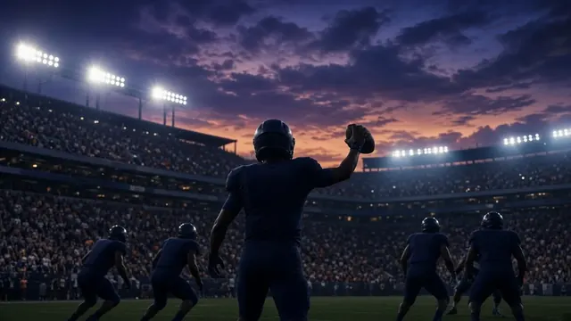 Illustration of a packed college football stadium at dusk with burnt orange and navy tones under bright lights