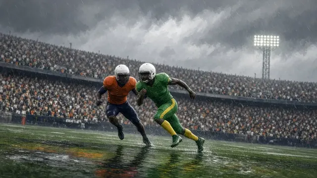 Illustration of a football on the grass of a sunlit college stadium with an autumn crowd in the stands