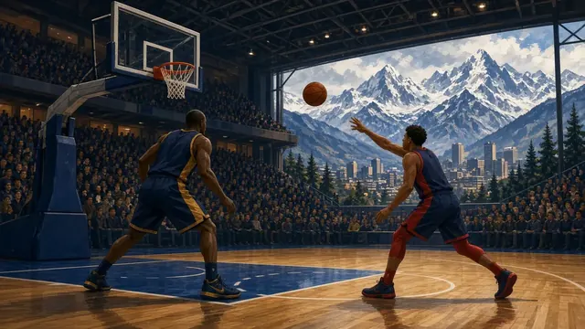 Illustration of a basketball arcing toward the hoop in a packed arena lit in navy and gold tones