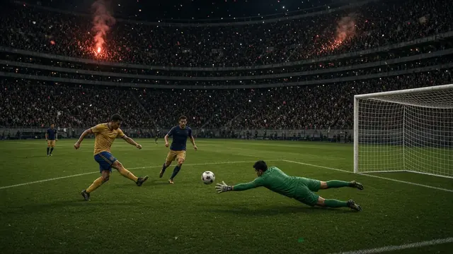 Illustration of a soccer ball on a floodlit pitch in a large bowl-shaped stadium at night