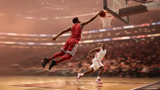 Illustration of a basketball arching toward a hoop in a packed arena lit in warm red tones