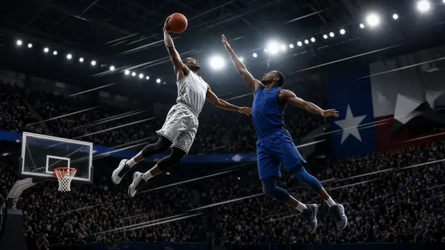 Illustration of a basketball arena at night with players silhouetted under bright lights near the rim