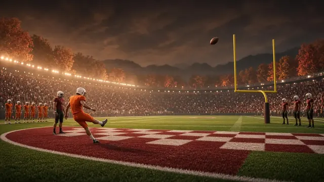 Illustration of a football sailing through goalposts as time expires in a packed stadium at dusk