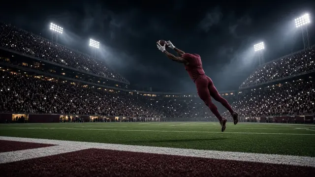 Illustration of a sunlit college football stadium packed with crimson and maroon crowds on a fall afternoon