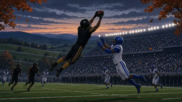 Illustration of a college football stadium at night with a football resting on the grass near the goal line
