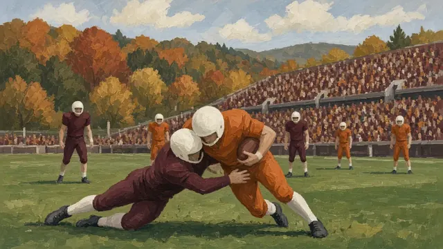 Illustration of a night college football game under bright stadium lights with players lined up at the goal line
