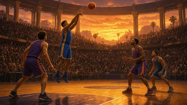 Illustration of a basketball swishing through a hoop in a desert-toned arena under warm orange lights