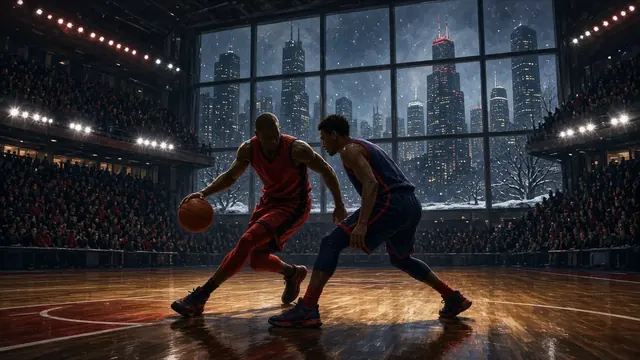 Illustration of an empty basketball court with a ball near the center circle under arena lights