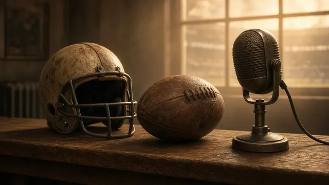 Illustration of a vintage leather football resting on a sunlit bench beside a folded jersey with no markings