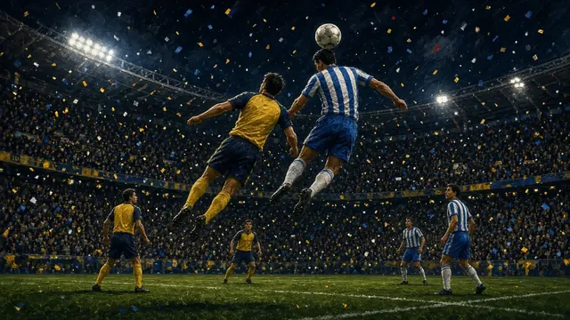 Illustration of a packed soccer stadium at night with a ball resting on the center circle