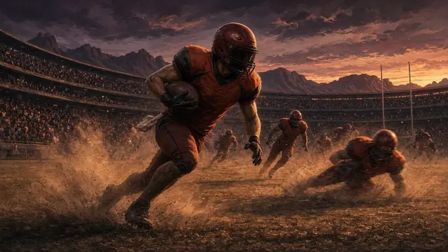 Illustration of an empty football stadium in the desert at dusk with long shadows across the field
