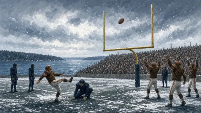 Illustration of a referee's yellow penalty flag lying on the grass near a painted yard line in a stadium