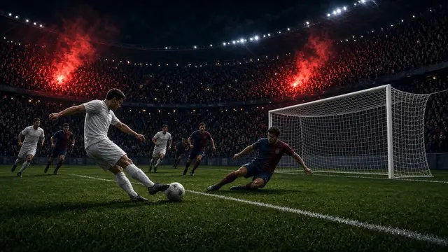 Illustration of two empty coaches' technical areas on the edge of a floodlit soccer pitch at night