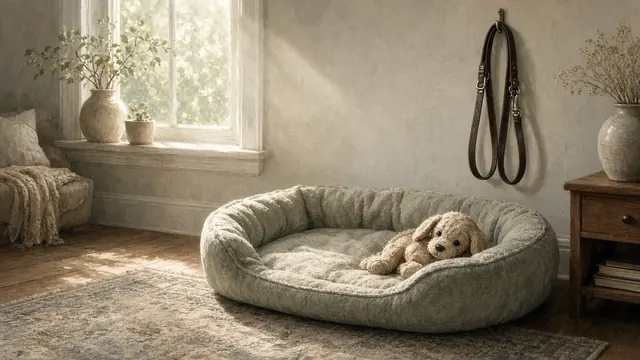 Illustration of a large friendly dog's empty bed and collar beside a garden path at sunset