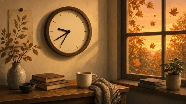 Illustration of a bedside alarm clock beside a window with soft early-morning light and autumn leaves
