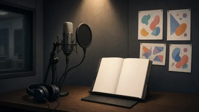 Illustration of a studio microphone in an empty voice recording booth with warm lights and a blank script stand