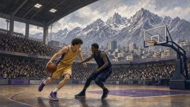 Illustration of a basketball swishing through a net under arena lights with mountains on a distant skyline