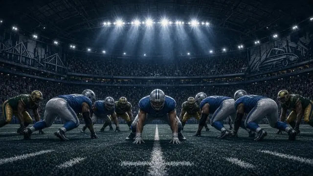 Illustration of a football resting on an indoor field after a game, with an empty stadium and soft lights in the background