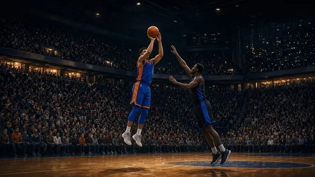 Illustration of a packed indoor basketball arena with a glowing court and a ball in flight toward the hoop