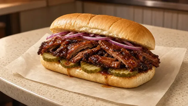 Illustration of a barbecue sandwich in a takeout box on a diner counter under warm light
