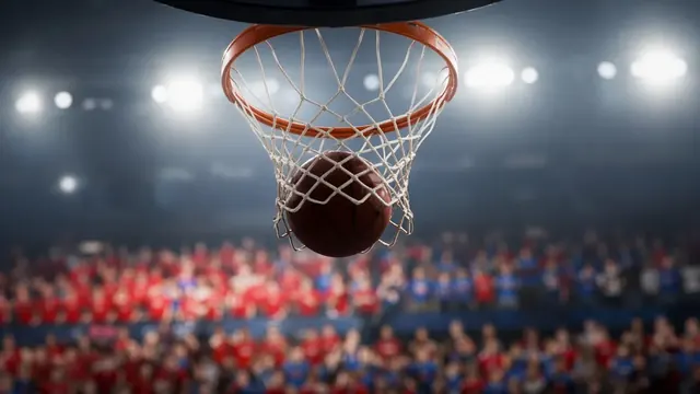 Illustration of a basketball resting on the free-throw line of a brightly lit arena court