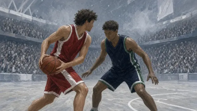 Illustration of a basketball arena at night with a ball resting on the hardwood under bright lights