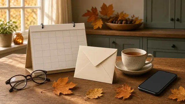 Illustration of a wall calendar with a circled date next to an envelope and a stack of coins on a kitchen table