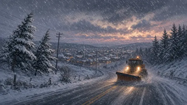 Illustration of a two-lane highway through pine-covered hills under heavy snowfall and gray skies