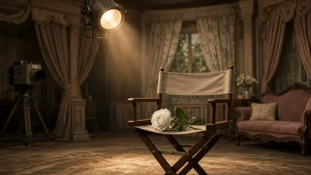 Illustration of an empty small theater classroom with a spotlit stage, folding chairs and a script on a stool