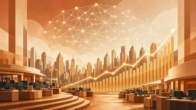 Illustration of a glowing abstract network of nodes above a crowded trading floor with rising and falling chart lines