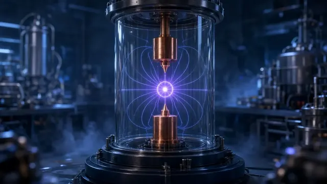 Abstract illustration of a single glowing particle suspended inside a ring of blue magnetic field lines