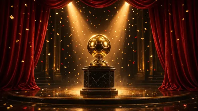 Illustration of a golden soccer ball trophy glowing on a dark theater stage with confetti falling under spotlights