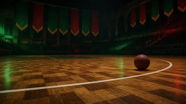 Illustration of a basketball dropping through a net on a parquet-style court under bright arena lights