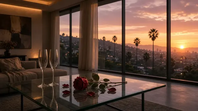 Illustration of a single coffee cup on a sunny Los Angeles kitchen counter beside a window with palm trees