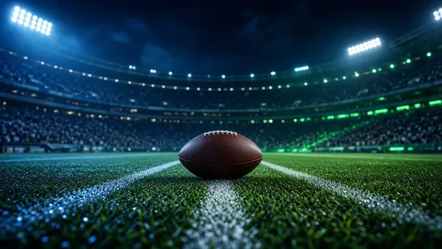 Illustration of an American football resting on a stadium field at night under bright floodlights with an empty end zone