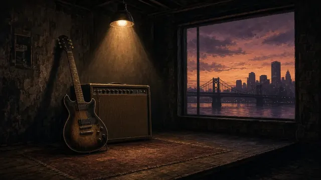 Illustration of an empty concert stage with a single microphone stand under a warm spotlight and a city skyline behind