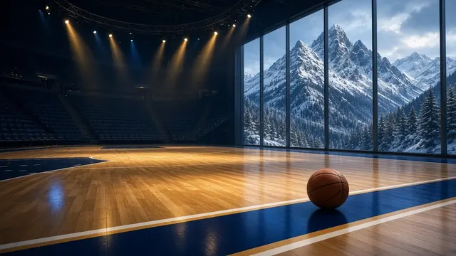 Illustration of an empty basketball court with a ball resting near the free-throw line under arena lights
